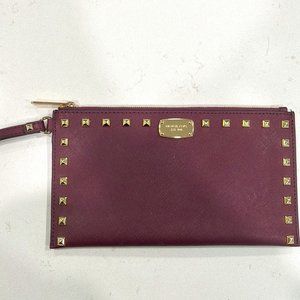 Michael Kors Sandrine Stud Maroon Saffiano Leather Large Zip Clutch Wallet